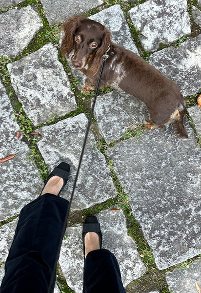Ann in her front yard in navy velveteen trousers and the Bridgette heel.