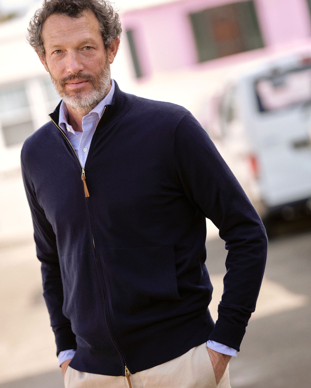 Fine-Gauge Track Jacket Sweater in Navy Escorial Wool