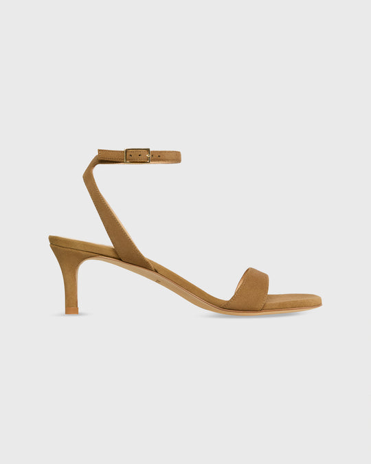 Ankle-Wrap Kitten Heel in Caramel Suede