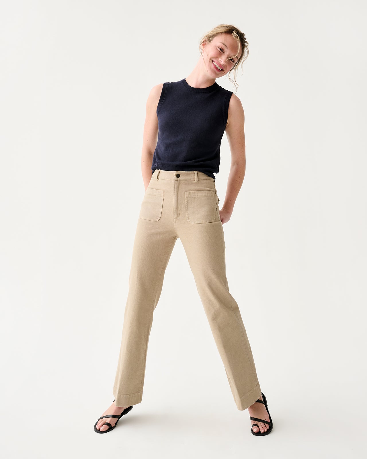 Camille Patch-Pocket Jean in Khaki Stretch Canvas