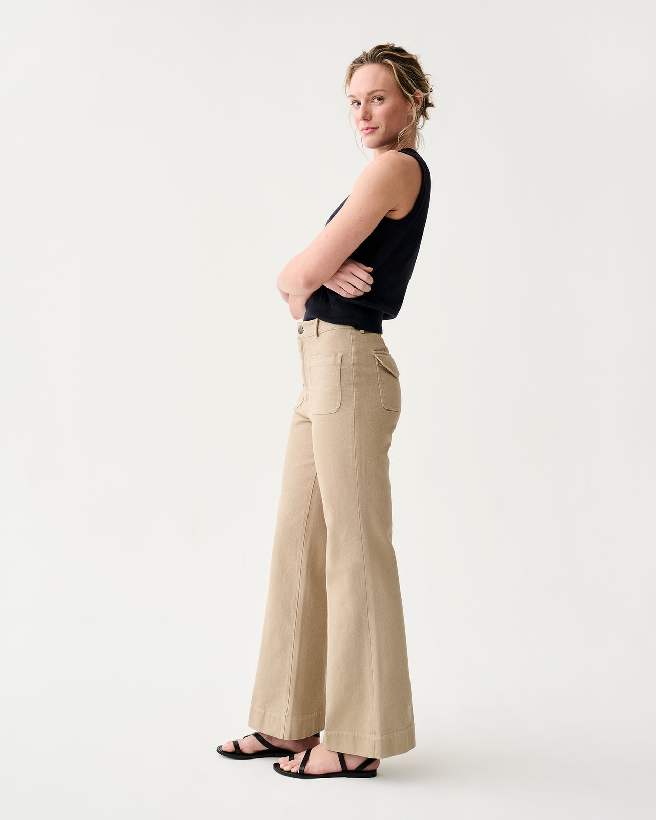Camille Patch-Pocket Jean in Khaki Stretch Canvas