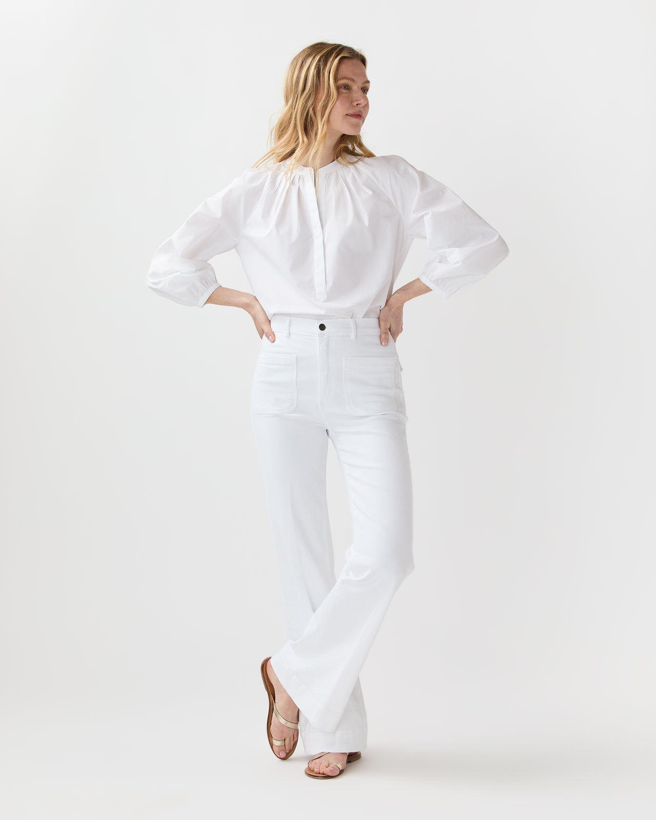 Camille Patch-Pocket Jean in White Stretch Denim