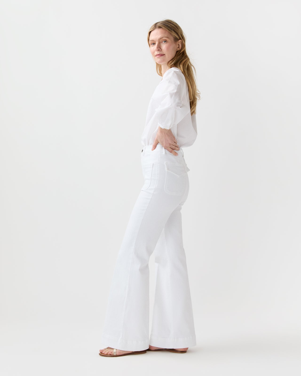 Camille Patch-Pocket Jean in White Stretch Denim