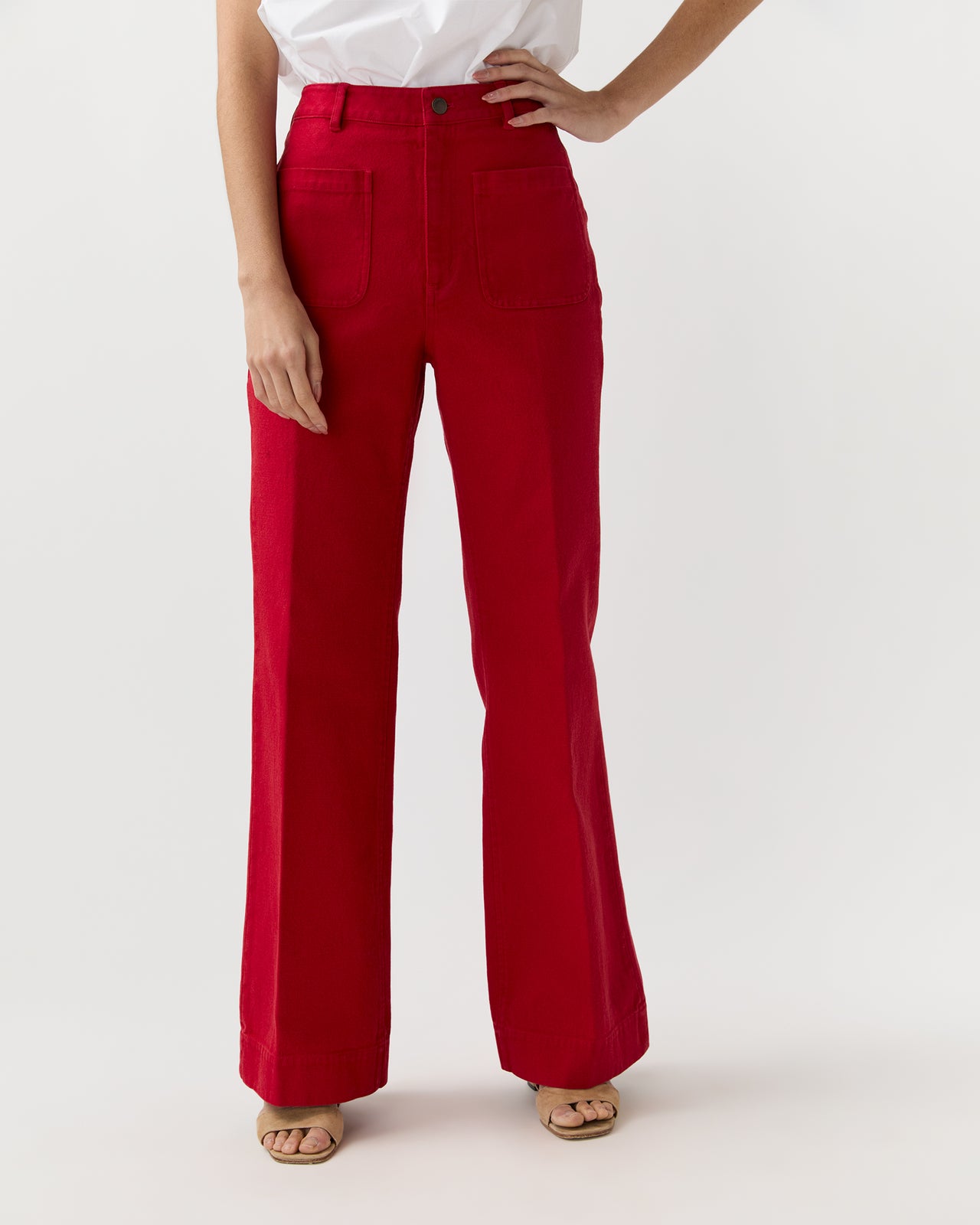 Camille Patch-Pocket Jean in Red Stretch Canvas