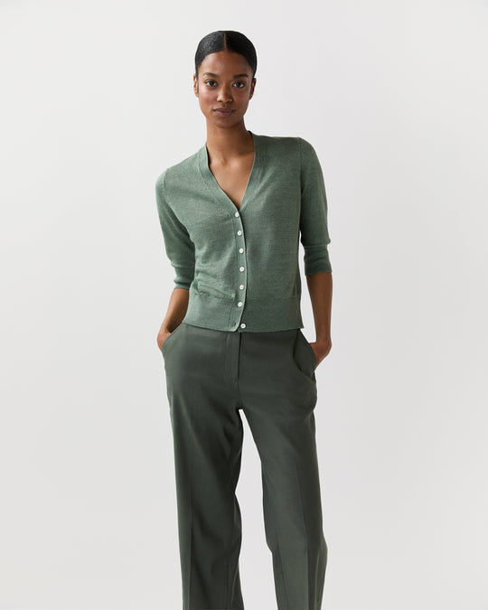 Short-Sleeved Rosie V-Neck Cardigan in Green Linen