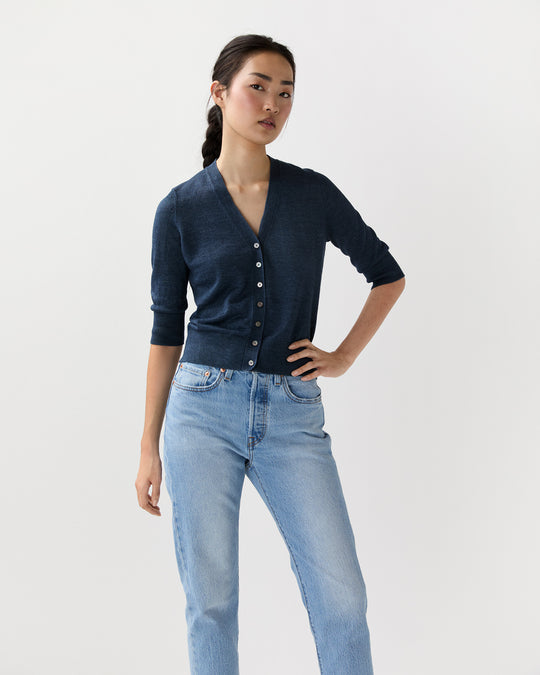 Short-Sleeved Rosie V-Neck Cardigan in Deep Indigo Linen