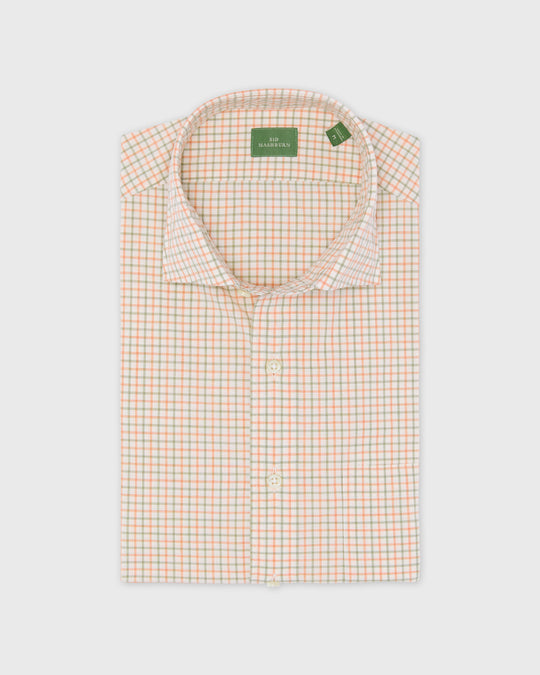 Spread Collar Sport Shirt in Peach/Olive/Bone Tattersall Poplin