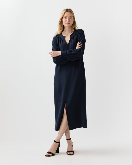 Trapunto Neck Dress in Navy Silk Crepe De Chine