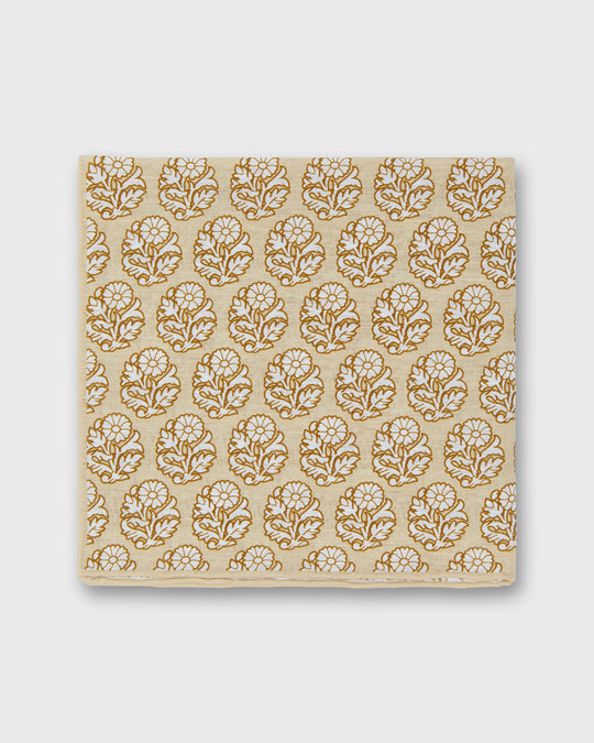 Linen/Cotton Print Pocket Square in Khaki/Bone Flower